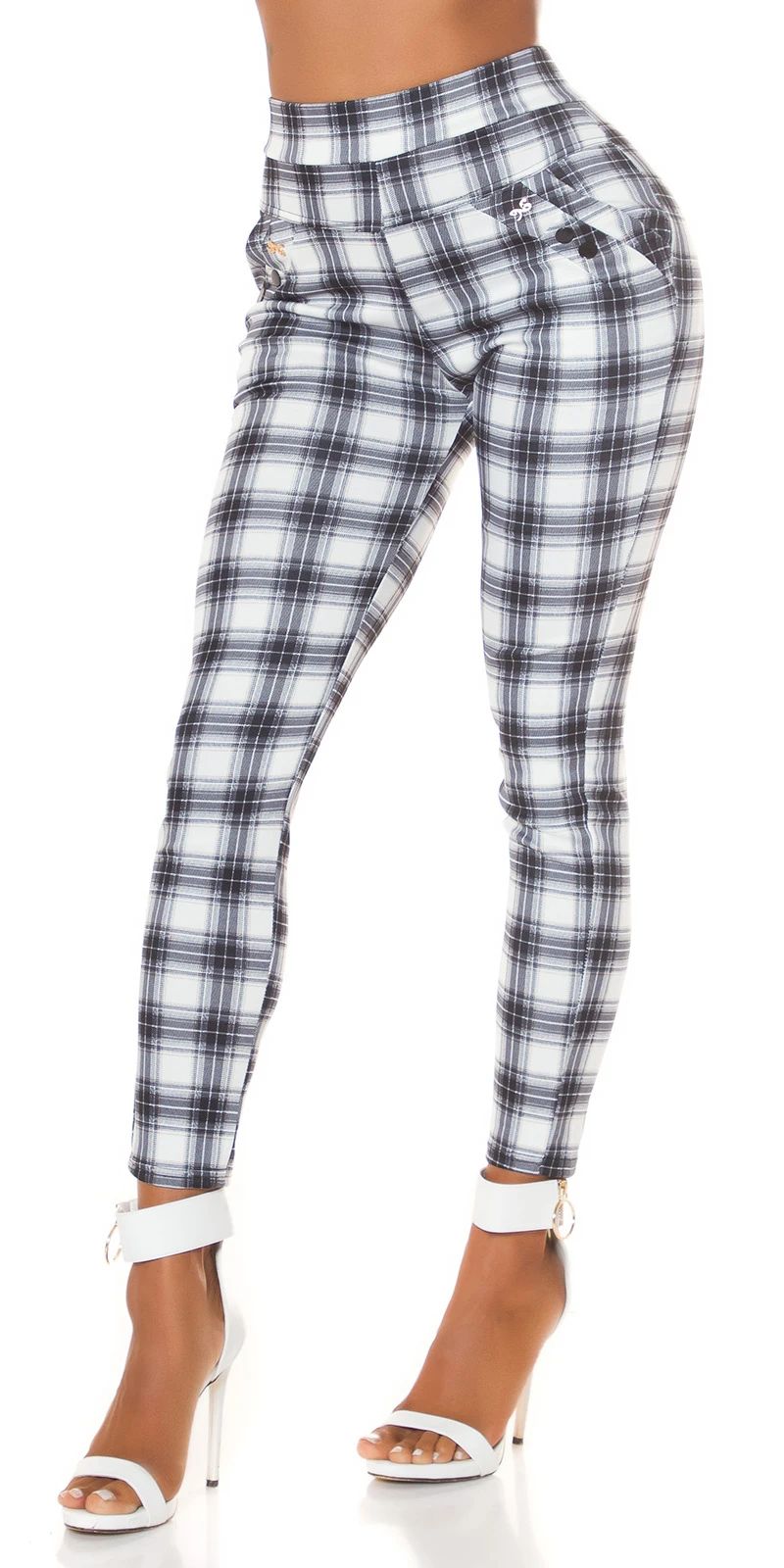 High Waist Business Röhren Karo Stoffhose mit Deko Riegel High Waist Business Röhren Karo Stoffhose mit Deko Riegel