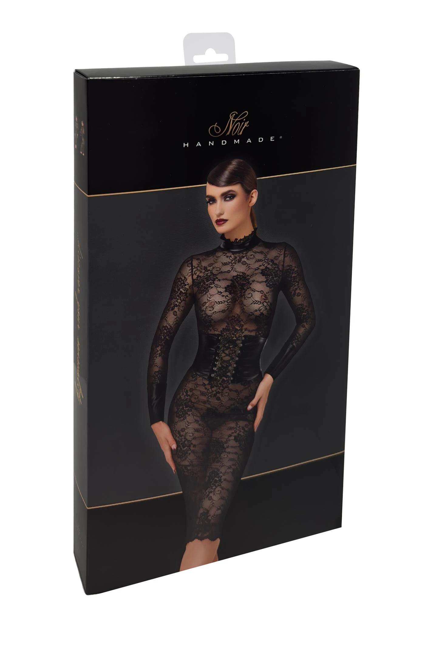 Halblanges Kinky Kleid Noirelle aus Spitze Noir Handmade F375 mit hohem Stehkragen, Powerwetlook-Korsett und verstellbarer Schnürung für eine markante, formbetonte Silhouette mit raffinierten Details