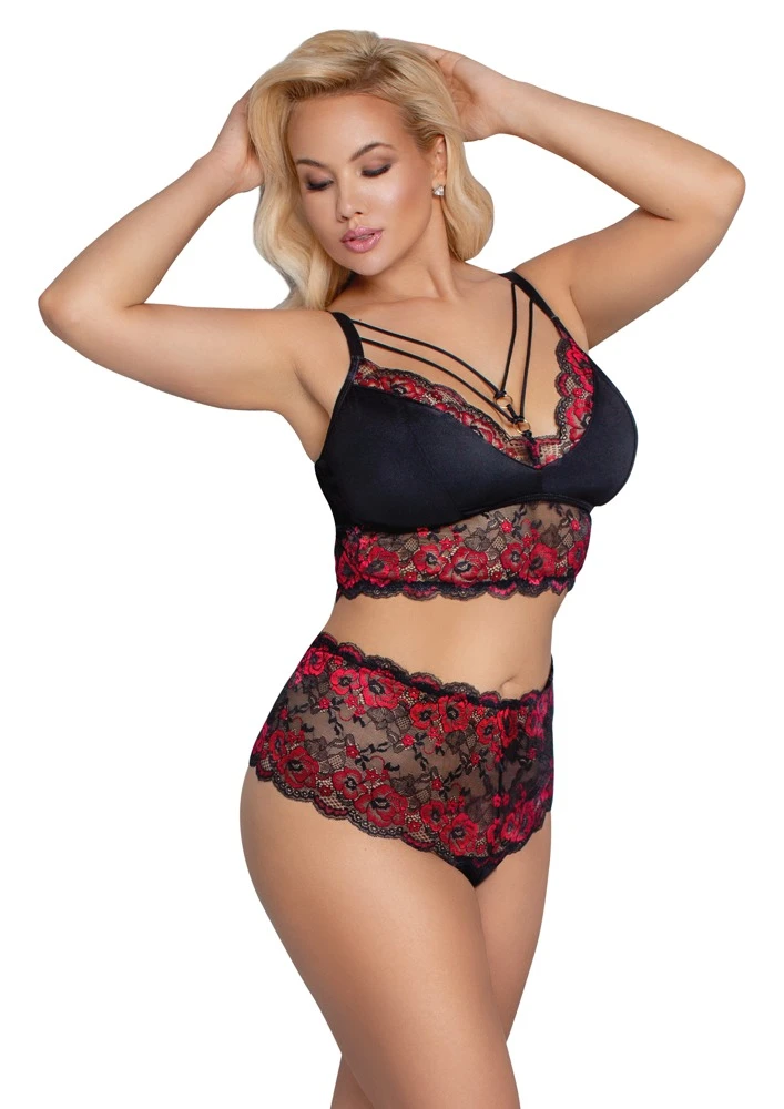 Cotteli Sinnliche Eleganz: Soft-BH und Taillen-Slip in zweifarbiger Spitze mit verziertem Dekolleté und Spitzenbund