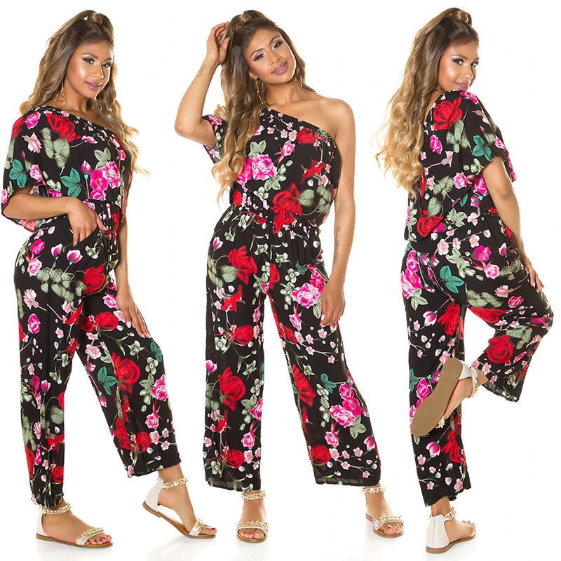 Rose Printed One Shoulder Maxi Marlene Viskose Jumpsuit mit Volant Rose Printed One Shoulder Maxi Marlene Viskose Jumpsuit mit Volant