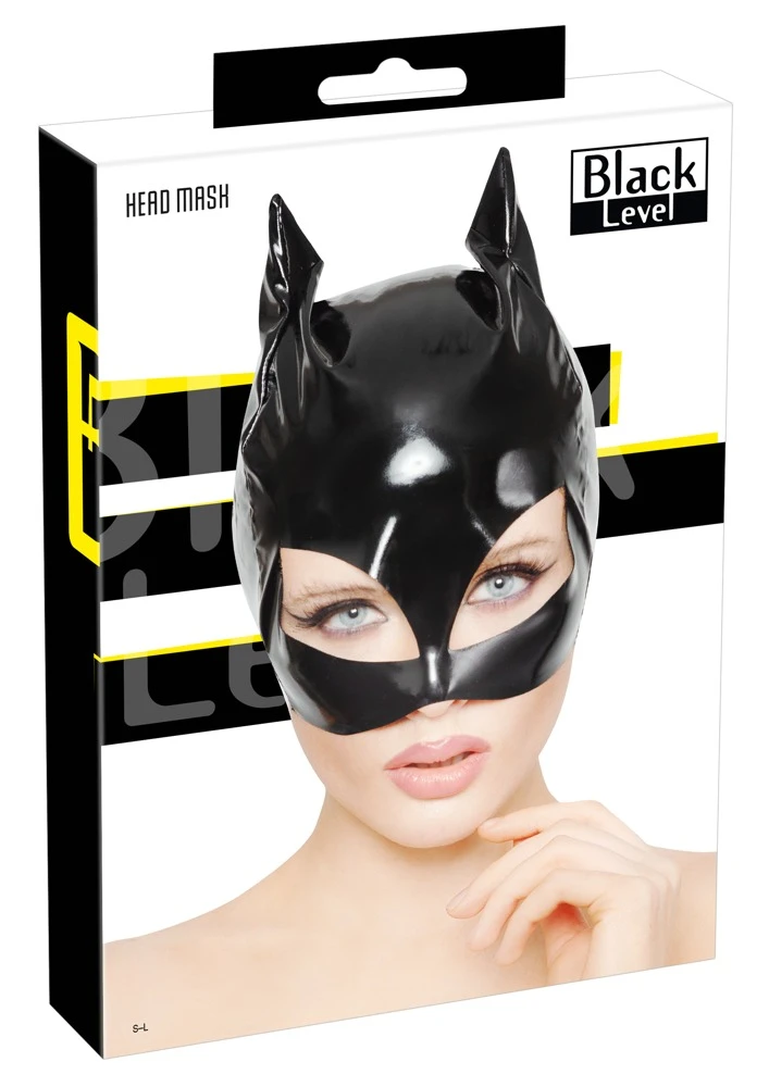  Das Highlight auf jeder Fetish-Party! Halbe Kopfmaske von Black Level im schwarzen Lackglanz und im Cat-Look mit kleinen Ohren und großen Katzenaugen-Öffnungen.