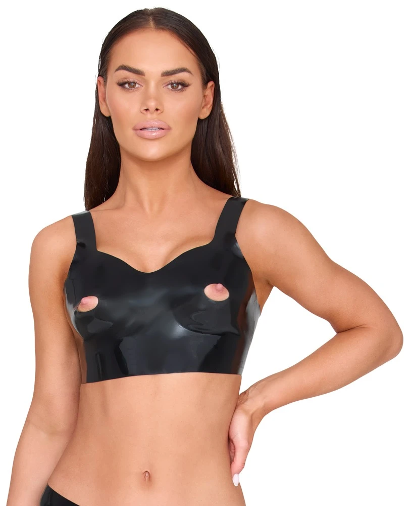 Nippelfreies Kinky Latex BH-Top mit Cut-outs, breiten Trägern & Ouvert-Look – sexy Reizwäsche für Piercing-Show & Nippelspiele – LateX