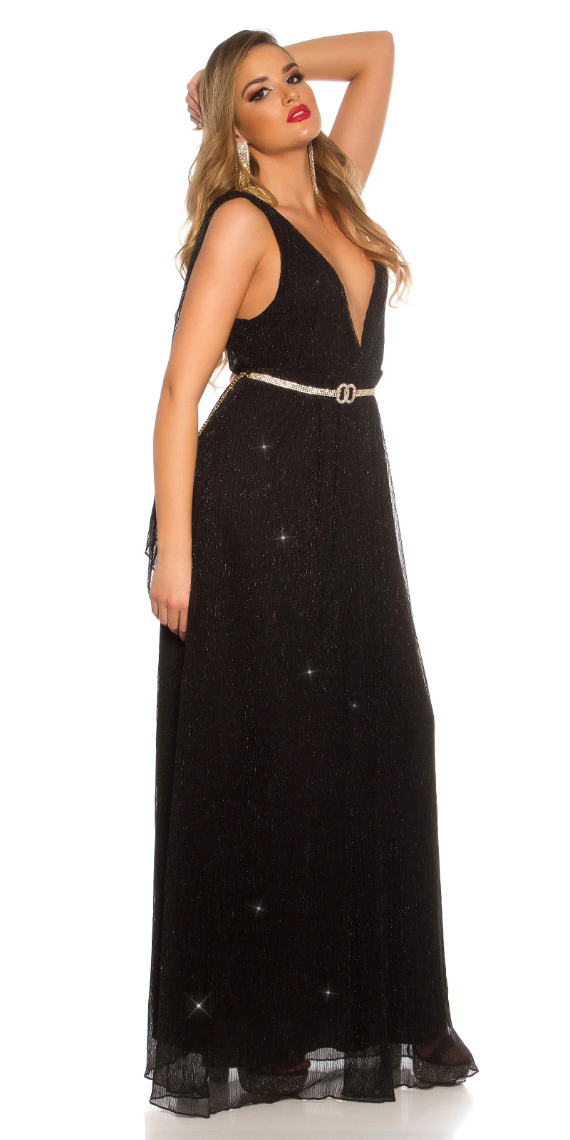 Doppel V-Neck Glitter Silvester Maxi Cocktail Kleid mit Deko Schleppen Doppel V-Neck Glitter Silvester Maxi Cocktail Kleid mit Deko Schleppen
