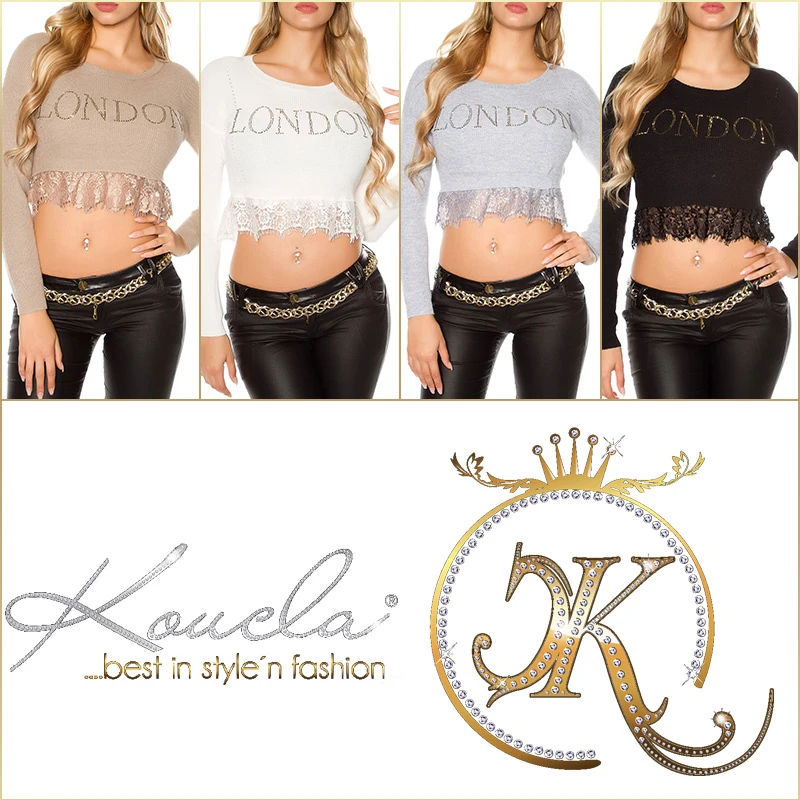 Hot Crop Strick Pullover mit Deko Schriftzug und Spitzen-Saum Hot Crop Strick Pullover mit Deko Schriftzug und Spitzen-Saum