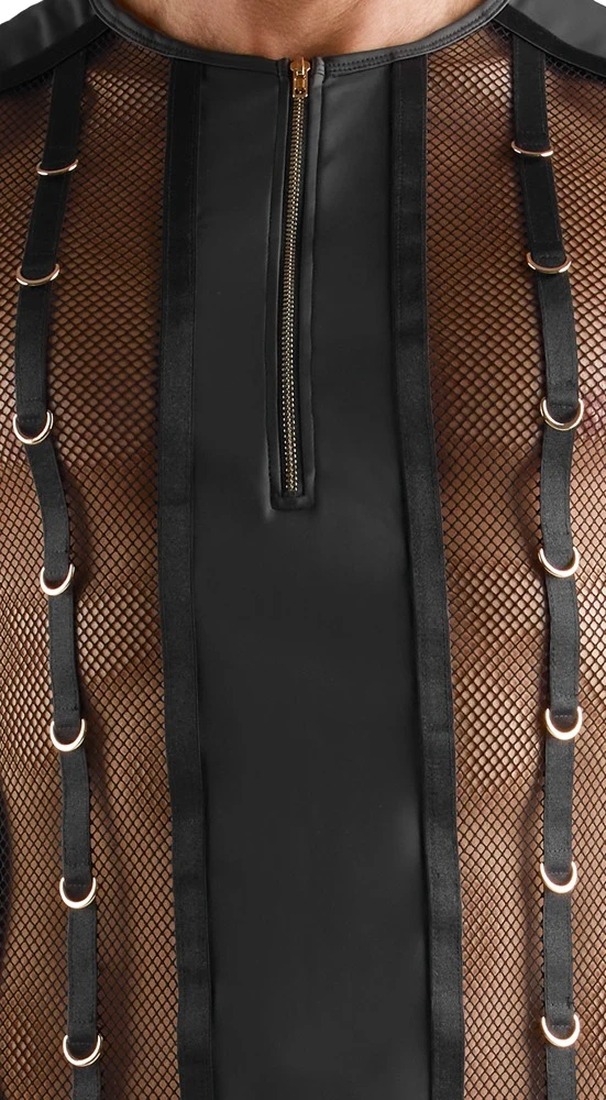 Sexy Netz-Shirt Herren schwarz mit Wetlook Mix und Reißverschluss vorne, elastisch mit auffälligen Ringen und körperbetonter Passform von Svenjoyment