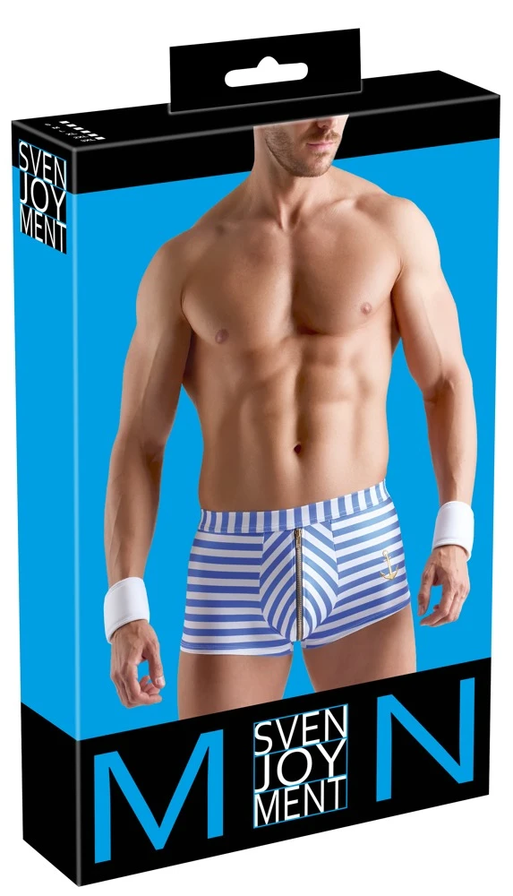 Streifen-Pants blau/weiß mit Anker-Stickerei, Reißverschluss-Beutel und 2 Handmanschetten im Matrosen-Look von Svenjoyment