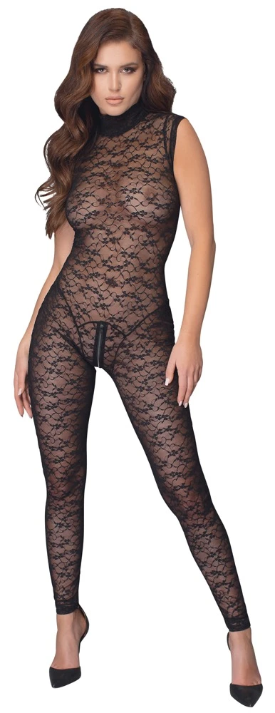 Cottelli LINGERIE Ärmelloser Overall Bodystocking aus Spitze Zip am Schritt Provozierende Transparent