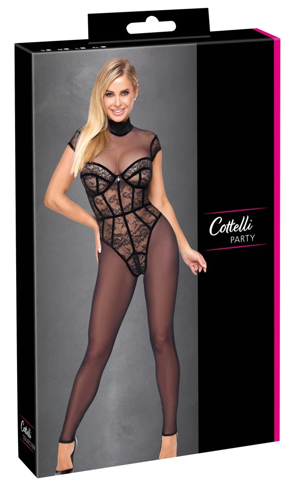 Hautenger Transparent-Overall mit Spitzen-Corsagenbody Herzdetail 3-Wege-Reißverschluss Schwarz Cottelli PARTY