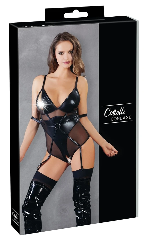 Cottelli Sinnliche Versuchung: Straps-Body mit Armfesseln und verführerischem Mix aus Powernet und Wetlook