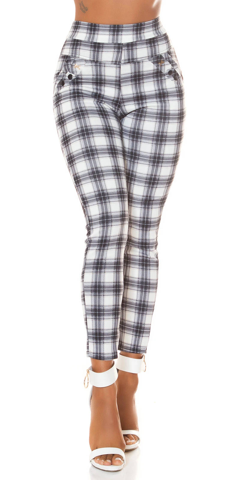 High Waist Business Röhren Karo Stoffhose mit Deko Riegel High Waist Business Röhren Karo Stoffhose mit Deko Riegel