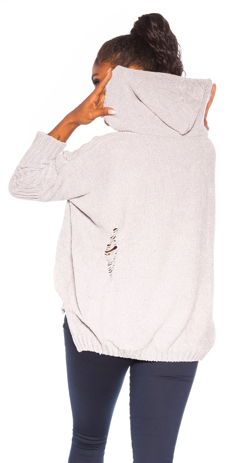 Used Look Crop Grobstrick Vokuhila Pullover mit Kapuze Used Look Crop Grobstrick Vokuhila Pullover mit Kapuze
