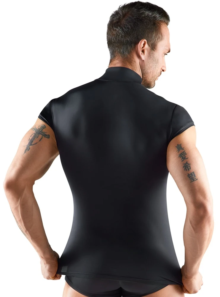 Herren Shirt Figurbetonendes Shirt aus weicher Mikrofaser mit transparenten Streifen-Einsätzen, Stehkragen und Reißverschluss