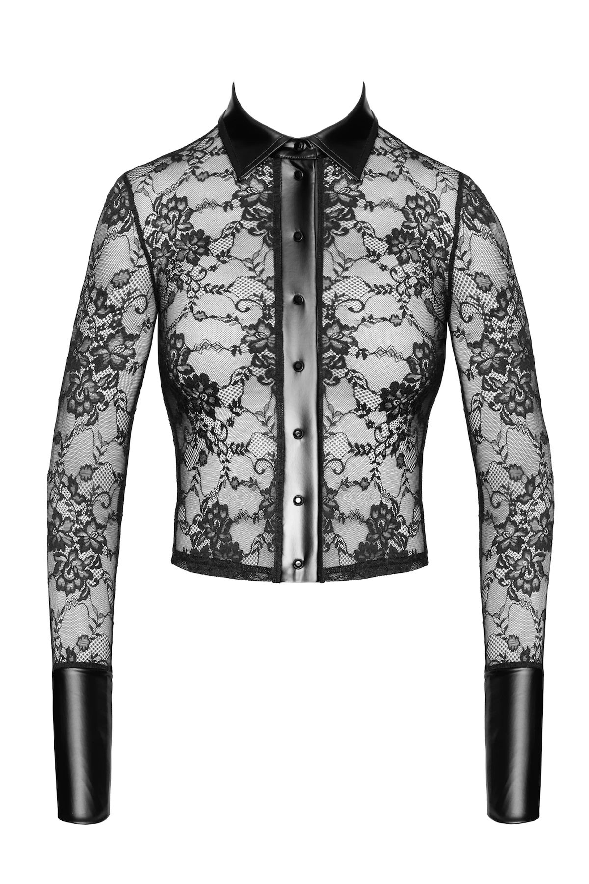 Noirelle Lace Button-up Shirt Noir Handmade F377 aus transparenter Spitze mit schwarzen Strass-Druckknöpfen, Powerwetlook-Kragen und breiten Manschetten für einen markanten, modernen Look