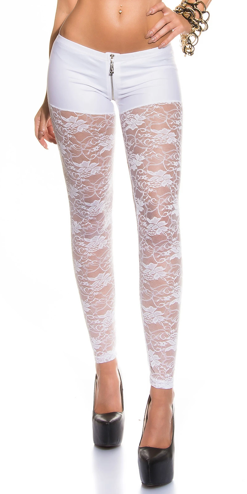 Gogo Spitzen Wet Look Leggings mit Hotpants-Effekt und Zipper Gogo Spitzen Wet Look Leggings mit Hotpants-Effekt und Zipper