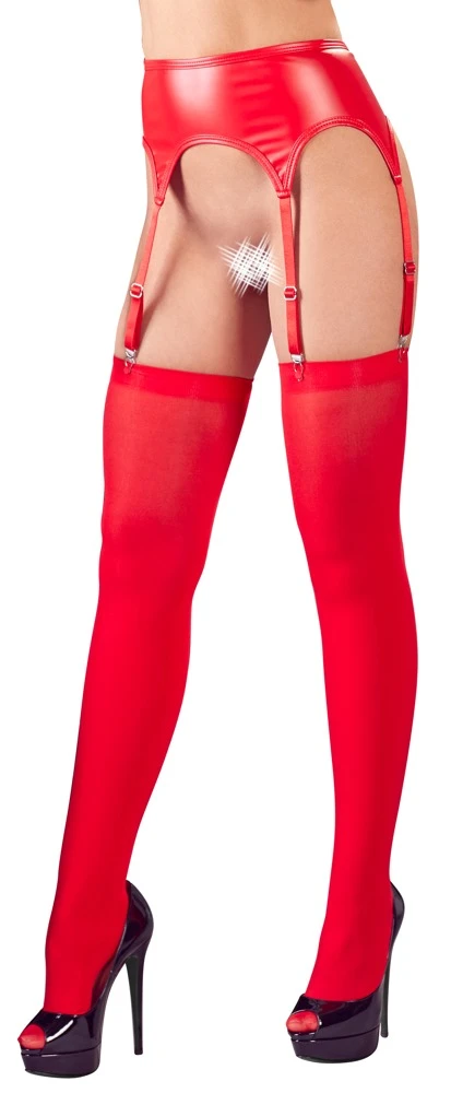 Strapsgürtel mit Strümpfen - Cottelli LINGERIE - sexy Set in Rot mit Wetlook, sechs verstellbaren Strumpfhaltern und Hakenverschluss