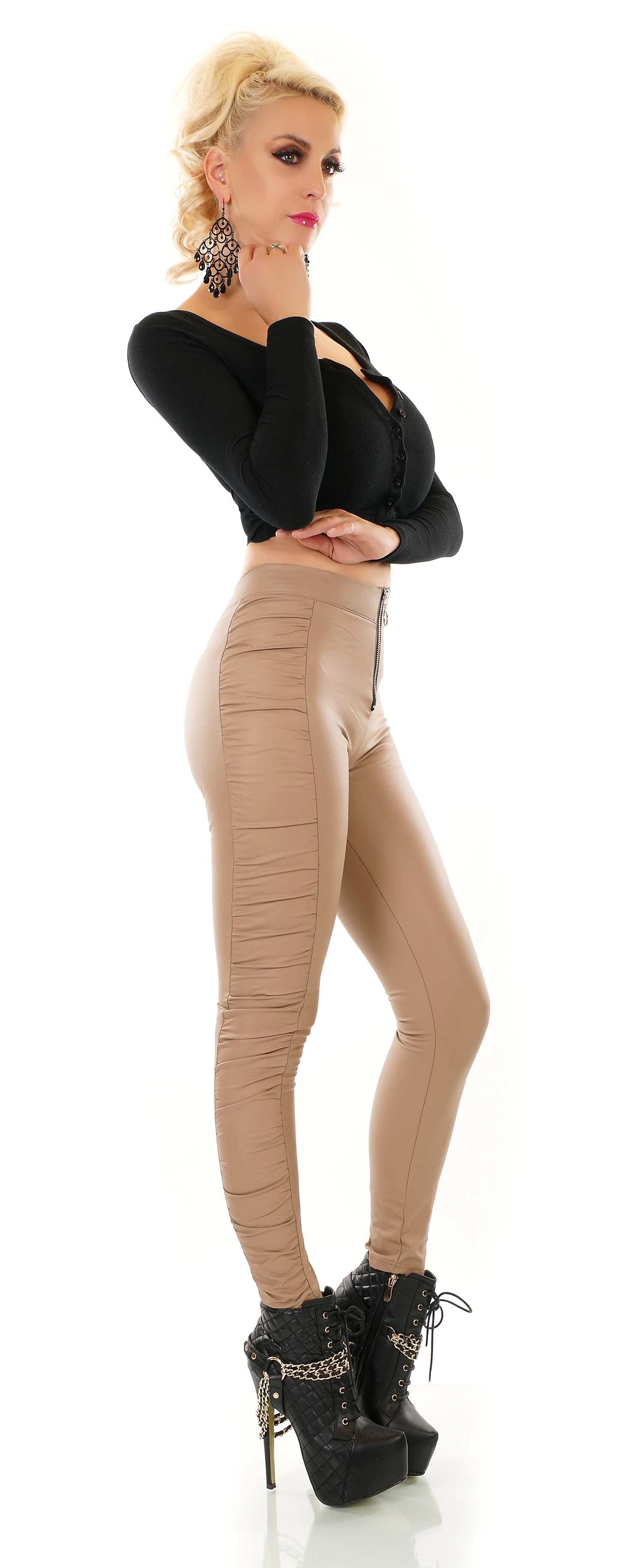 Wet Look Thermo Leggings mit Raffungen und Zipper Wet Look Thermo Leggings mit Raffungen und Zipper