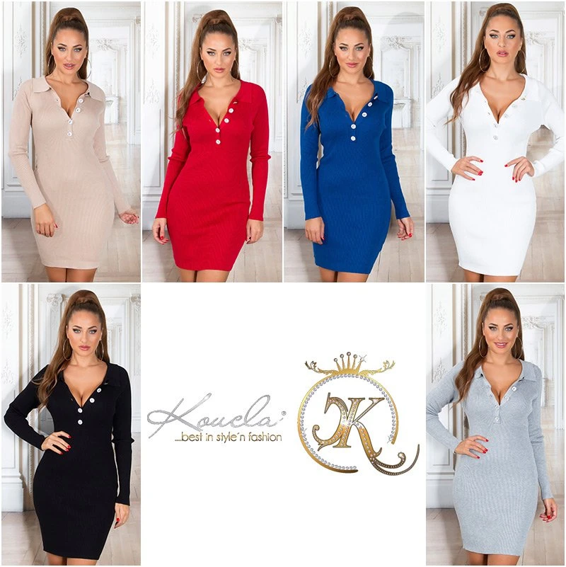 Uni Business Rippstrick Minikleid mit Kragen und V-Neck Uni Business Rippstrick Minikleid mit Kragen und V-Neck