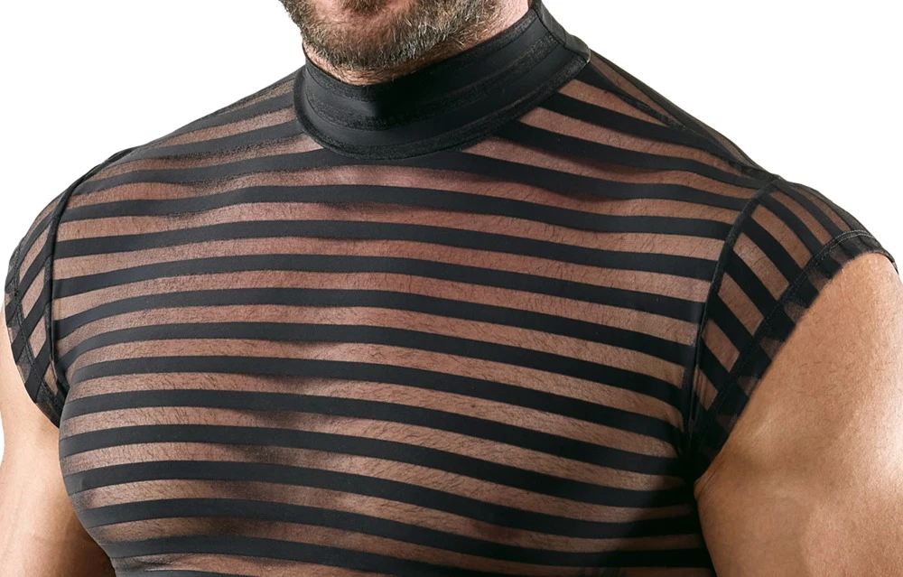 Herren Shirt Svenjoyment Shirt schwarz transparent mit Stehkragen – maskuliner Querstreifen-Look, figurbetont und elastisch