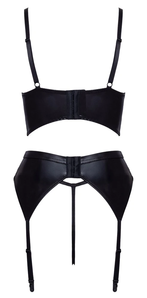 Cottelli LINGERIE 3-teiliges Ouvert Straps-Set Wetlook Hebe BH Strapsgürtel String Pailletten Herz-Schmuck Schwarz