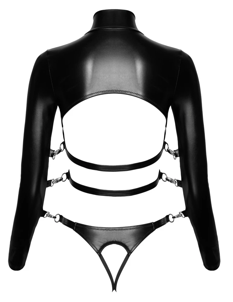 Extravagantes schwarzes Bondage-Set von Bad Kitty bestehend aus busenfreiem Shirt und String ouvert.