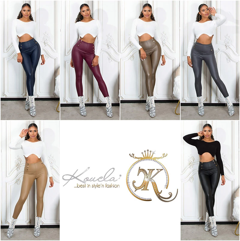 Business Thermo Leder Look High Waist Leggings mit Deko Knöpfe Business Thermo Leder Look High Waist Leggings mit Deko Knöpfe