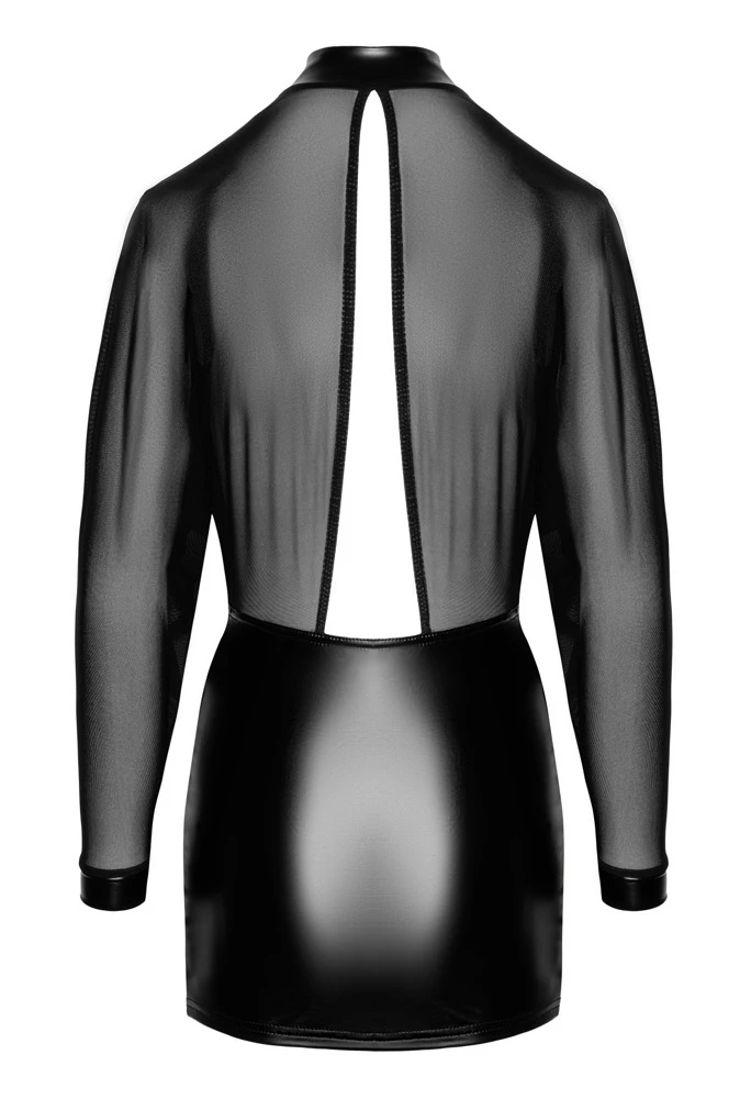 Noir Stylisches Langarm-Minikleid im Material-Mix aus transparentem Tüll und Powerwetlook mit tiefem Ausschnitt und Stehkragen Noir Stylisches Langarm-Minikleid im Material-Mix aus transparentem Tüll und Powerwetlook mit tiefem Ausschnitt und Stehkragen