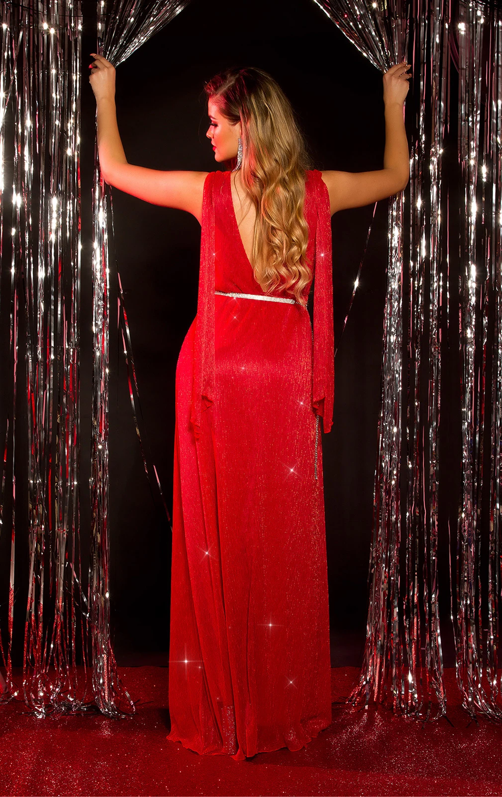 Doppel V-Neck Glitter Silvester Maxi Cocktail Kleid mit Deko Schleppen Doppel V-Neck Glitter Silvester Maxi Cocktail Kleid mit Deko Schleppen