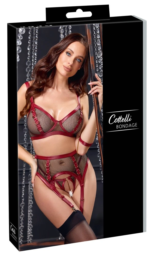 Bondage-Set Dessous Reizwäsche ouvert mit Strapsen Softfesseln Netz Mattlook & goldenen Ketten von Cottelli BONDAGE