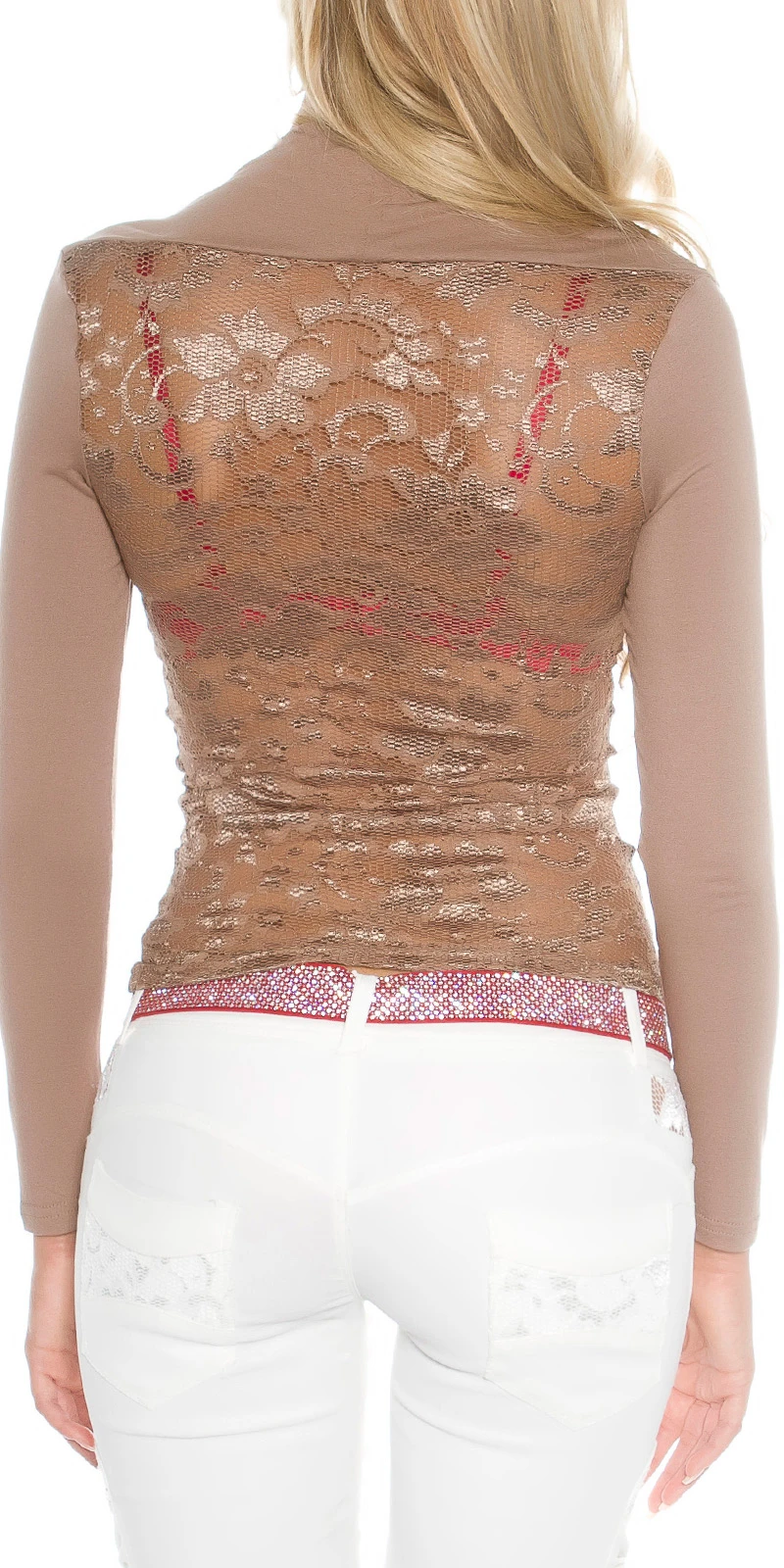 Spitzen Rücken Langarm Shirt mit Deko Schleife und Bolero Effekt Spitzen Rücken Langarm Shirt mit Deko Schleife und Bolero Effekt