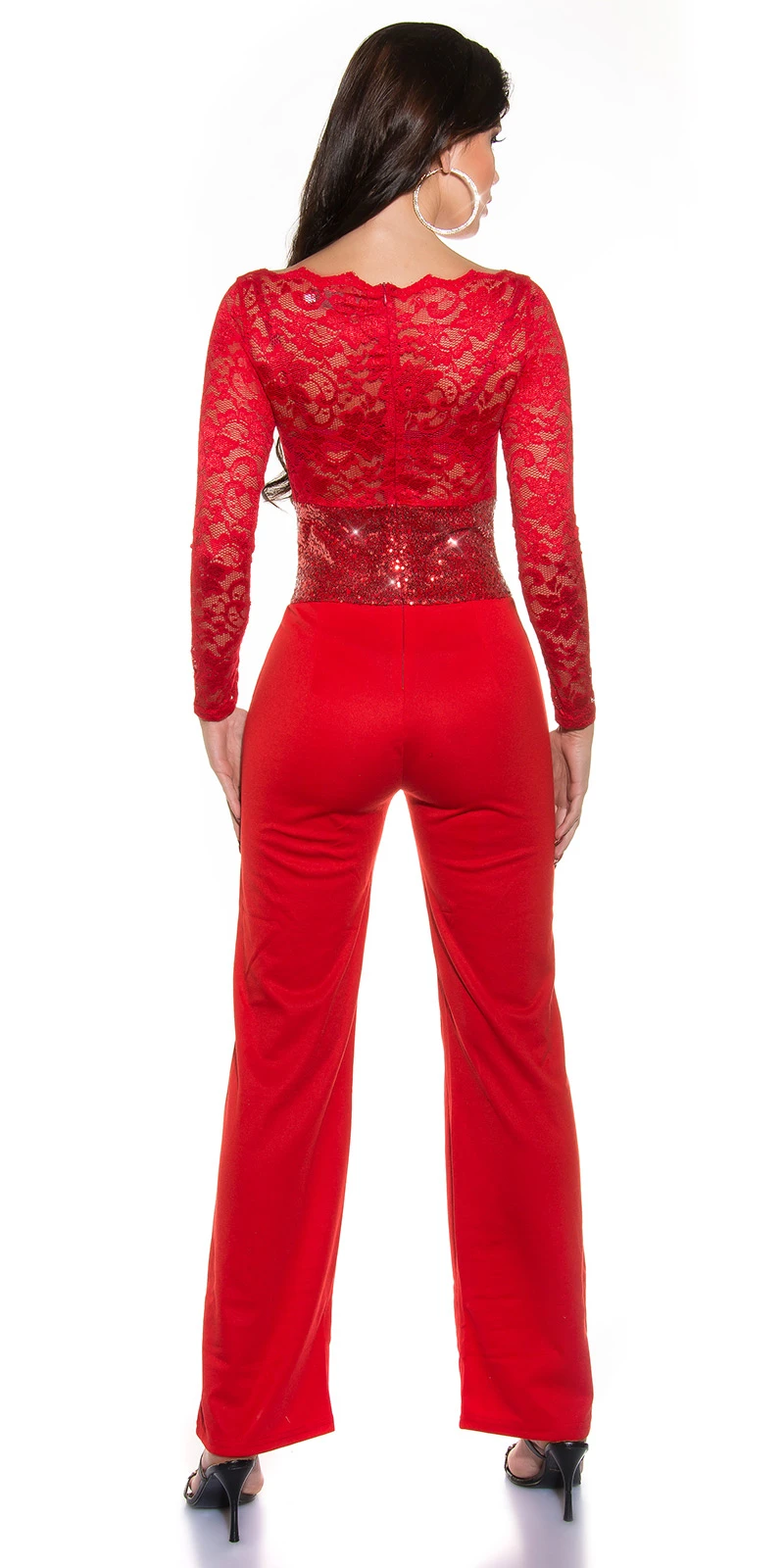 Overall mit langen Ärmeln mit Spitze und Paillettentaille Overall mit langen Ärmeln mit Spitze und Paillettentaille