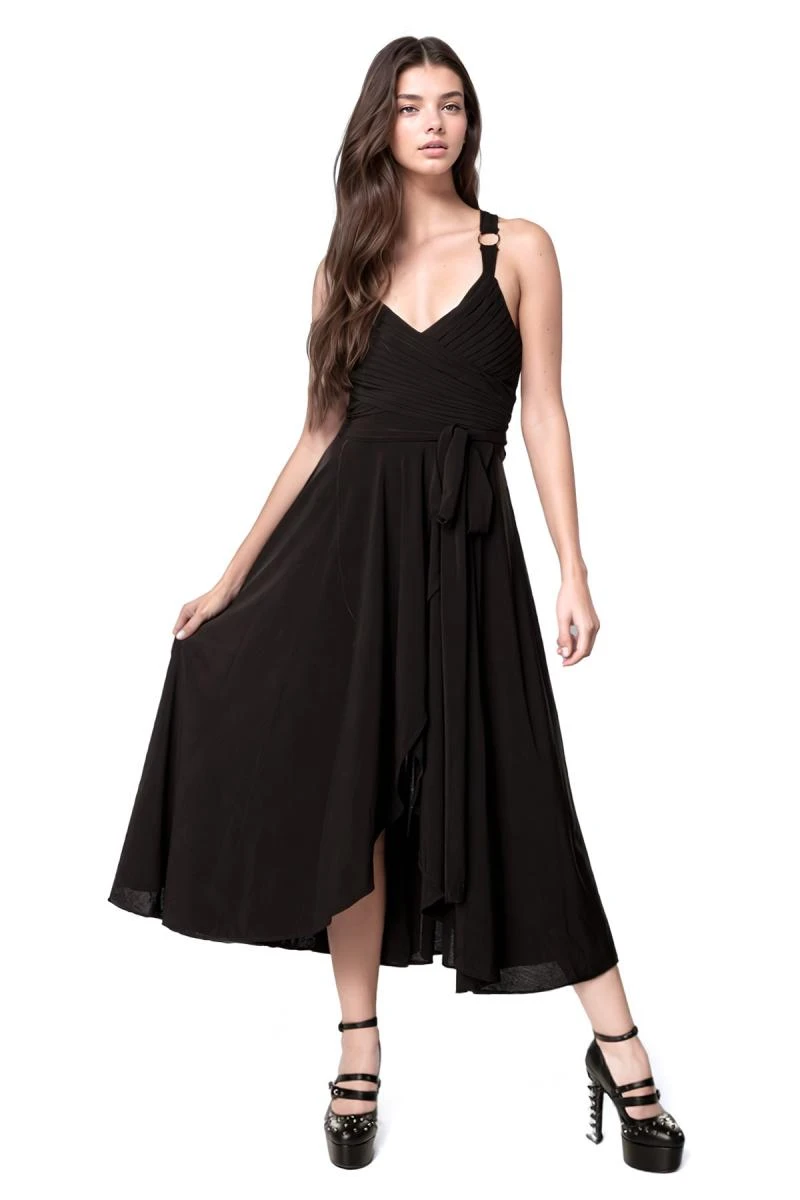 Mittellanges Kleid schwarz Gothic, Ärmelloses Romantisches Kleid mit Schleife und Stickerei