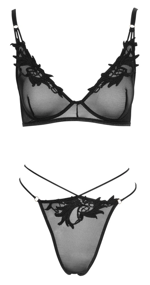 Cottelli LINGERIE Transparentes BH und Rio mit edler Stickerei in verführerisch schwarz