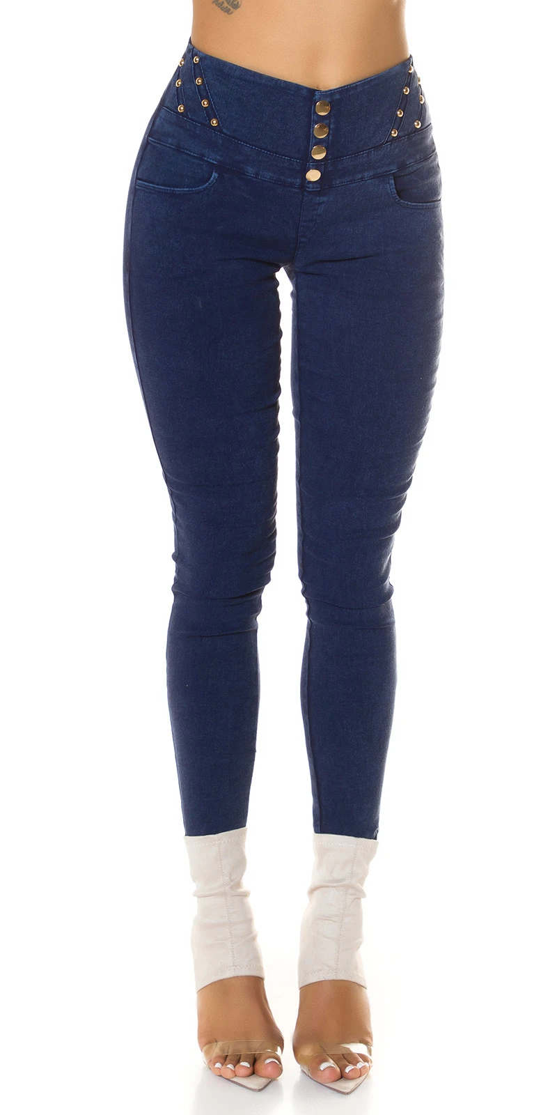 Skinny High Waist Jeans Look Leggings mit Deko Nieten Skinny High Waist Jeans Look Leggings mit Deko Nieten