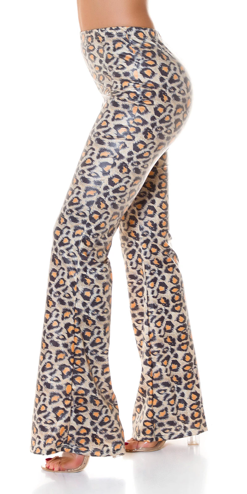 High Waist Animal Printed Wet Look Leggings mit Schlag High Waist Animal Printed Wet Look Leggings mit Schlag