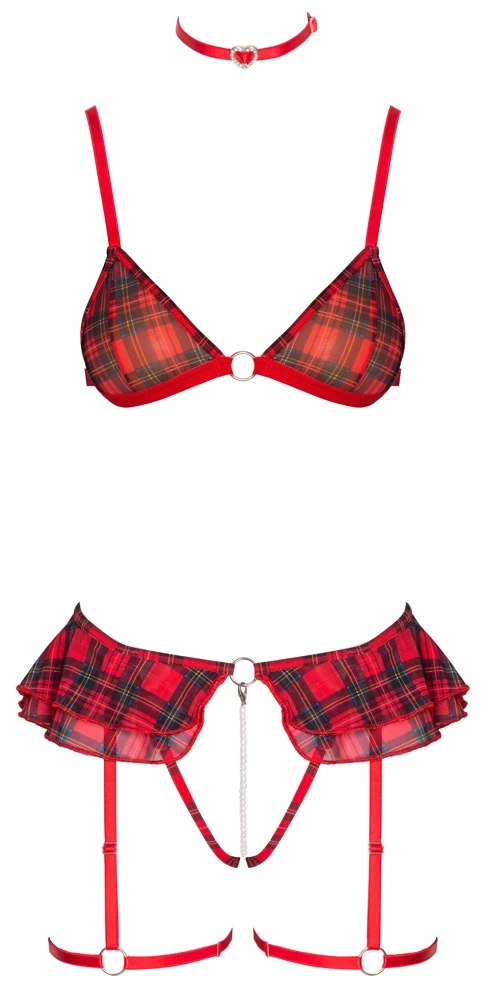 Cottelli COSTUMES: 3-teiliges Karo-Dessous mit Soft-BH, ouvert String, Halsband & abnehmbarer Perlenkette