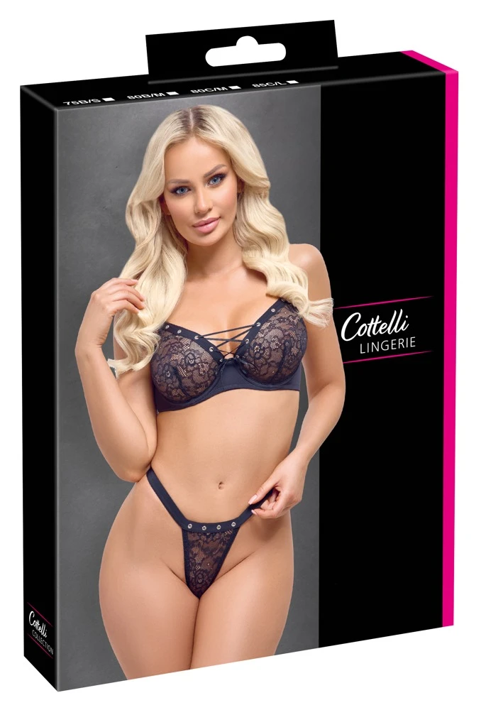 Cottelli LINGERIE mit Bügel-BH und Riostring im Set, Feine Spitze und dekorative Ösen