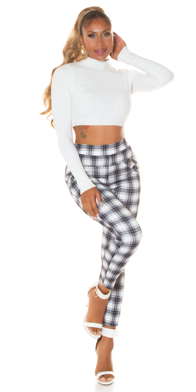 High Waist Business Röhren Karo Stoffhose mit Deko Riegel High Waist Business Röhren Karo Stoffhose mit Deko Riegel