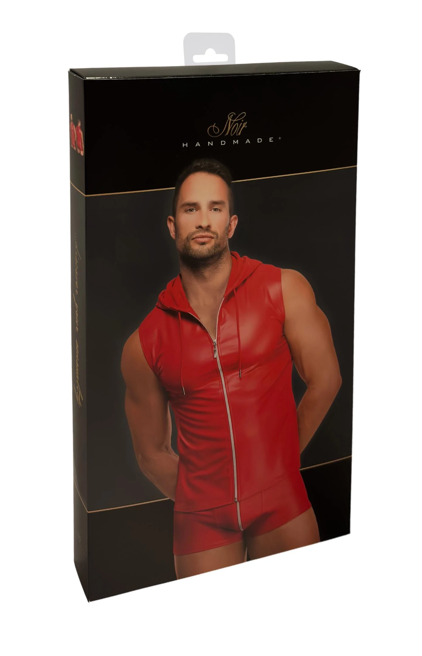 Herren Kapuzen Weste H096 - SHerren Kapuzen Weste H096 aus rotem Powerwetlook mit silbernem Frontreißverschluss, glatter glänzender Oberfläche, ärmellosem Schnitt und sportlicher Kapuze mit Stoffbändern von Noir Handmade Men