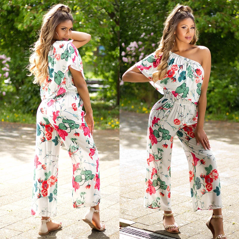 Rose Printed One Shoulder Maxi Marlene Viskose Jumpsuit mit Volant