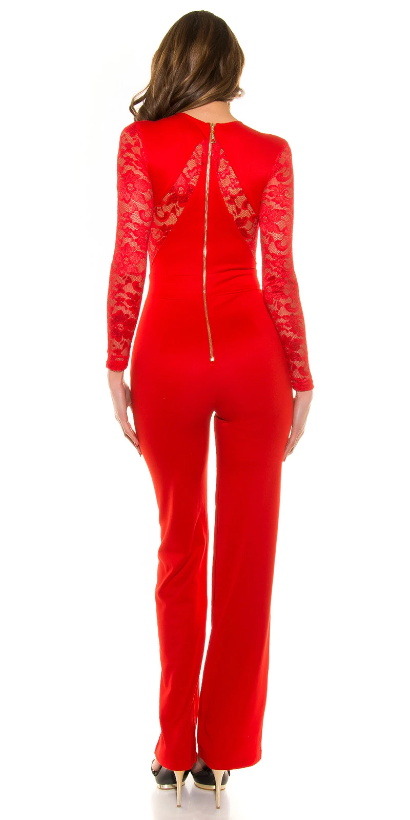 Langarm Long Bootcut Jumpsuit mit Deko Spitze und Zipper Langarm Long Bootcut Jumpsuit mit Deko Spitze und Zipper