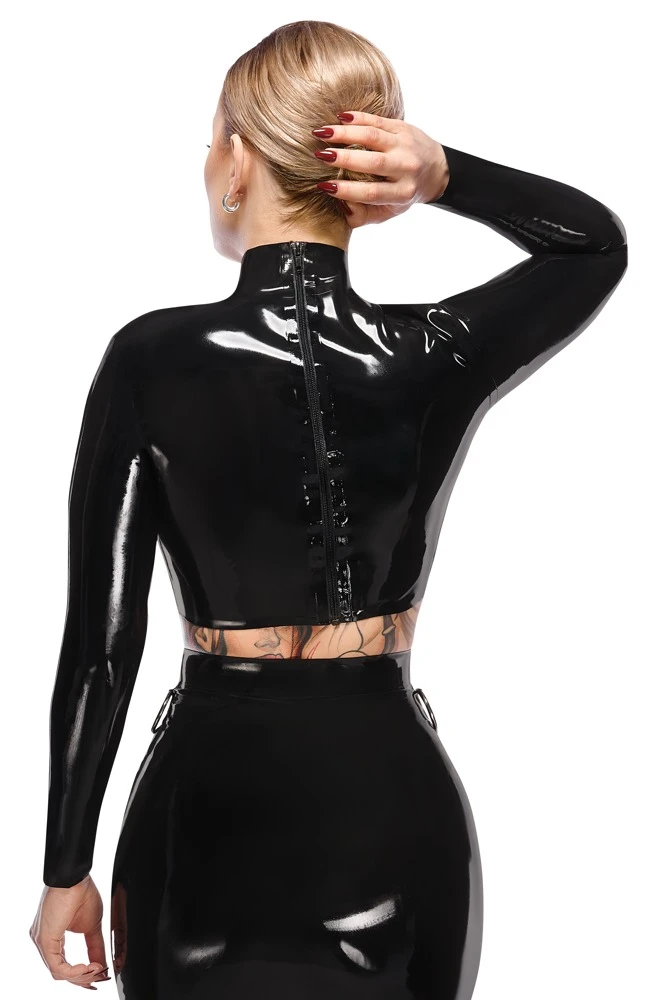 Latex Shirt, Busenfreies Latex-Crop-Top mit großem Front-Cut-out, Stehkragen, langen Ärmeln und Reißverschluss hinten. Latex Shirt, Busenfreies Latex-Crop-Top mit großem Front-Cut-out, Stehkragen, langen Ärmeln und Reißverschluss hinten.