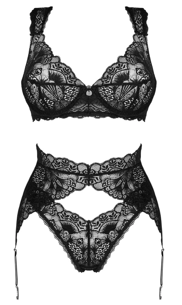 Obsessive 3-teiliges Dessous-Set Donna Dream von Obsessive bestehend aus Bügel-BH, Strapsgurt und Riostring in wunderschöner schwarzer Spitze.