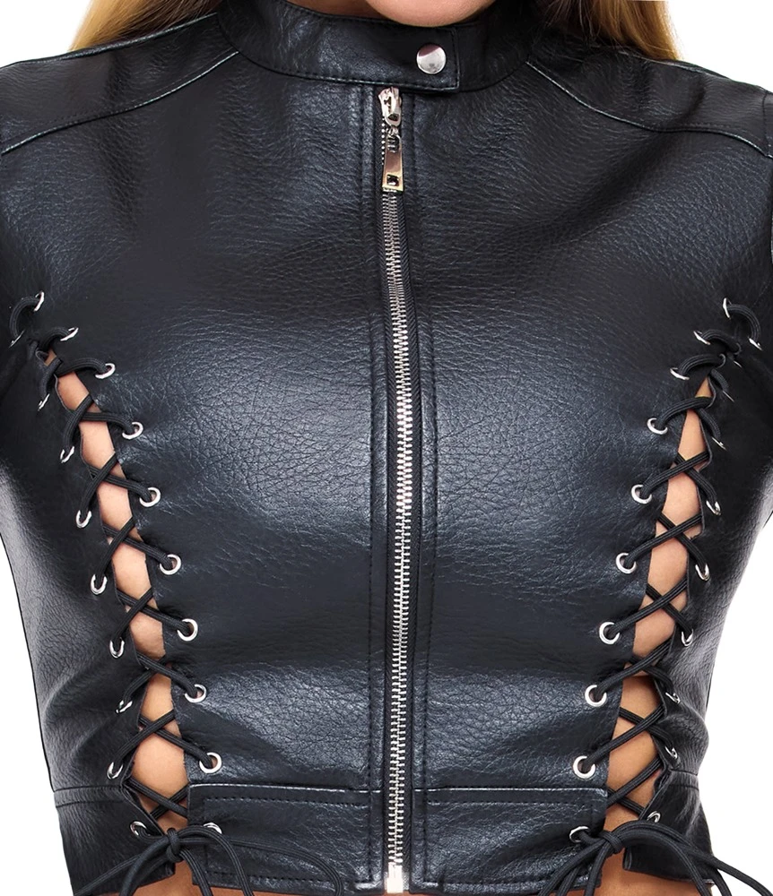 Cropped Jacke & Riostring Dessous Set Lederimitat mit Reißverschluss und Schnürung bauchfrei schwarz sexy Swinger Clubwear Cottelli PARTY