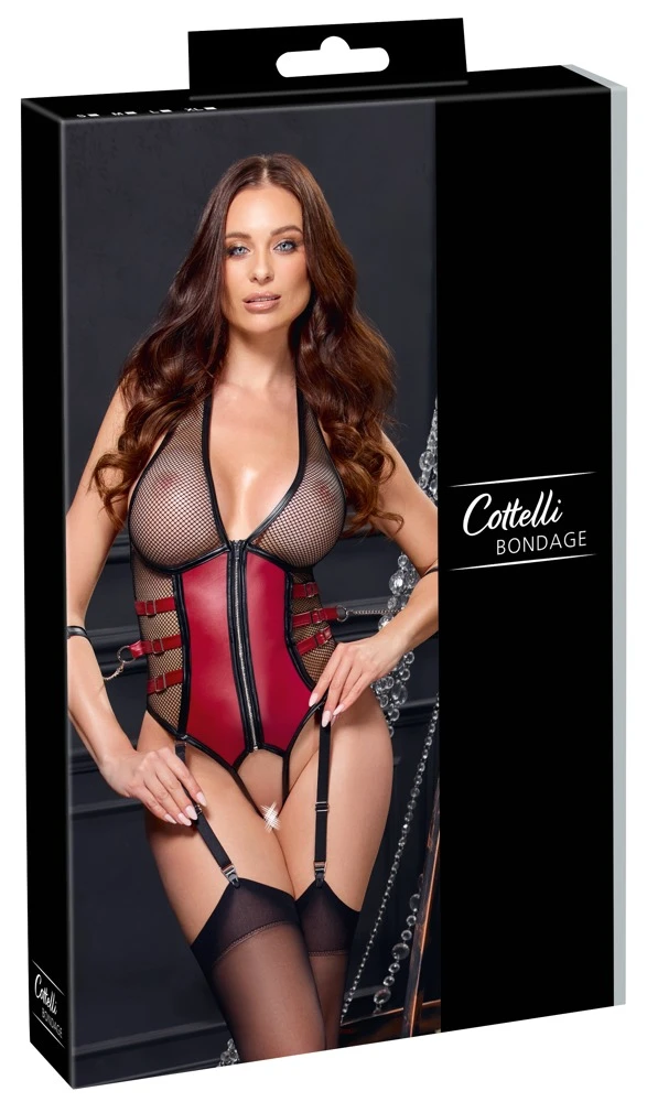 Hot Bondage Strapsbody ouvert im Mattlook mit Netz-Cups Reißverschluss & Soft-Armfesseln von Cottelli BONDAGE