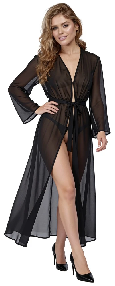 Langer Kimono aus schwarzem Chiffon von Cottelli LINGERIE – sinnlich transparent mit ausgestellten Ärmeln, Tunnelzug und edlem Bindegürtel