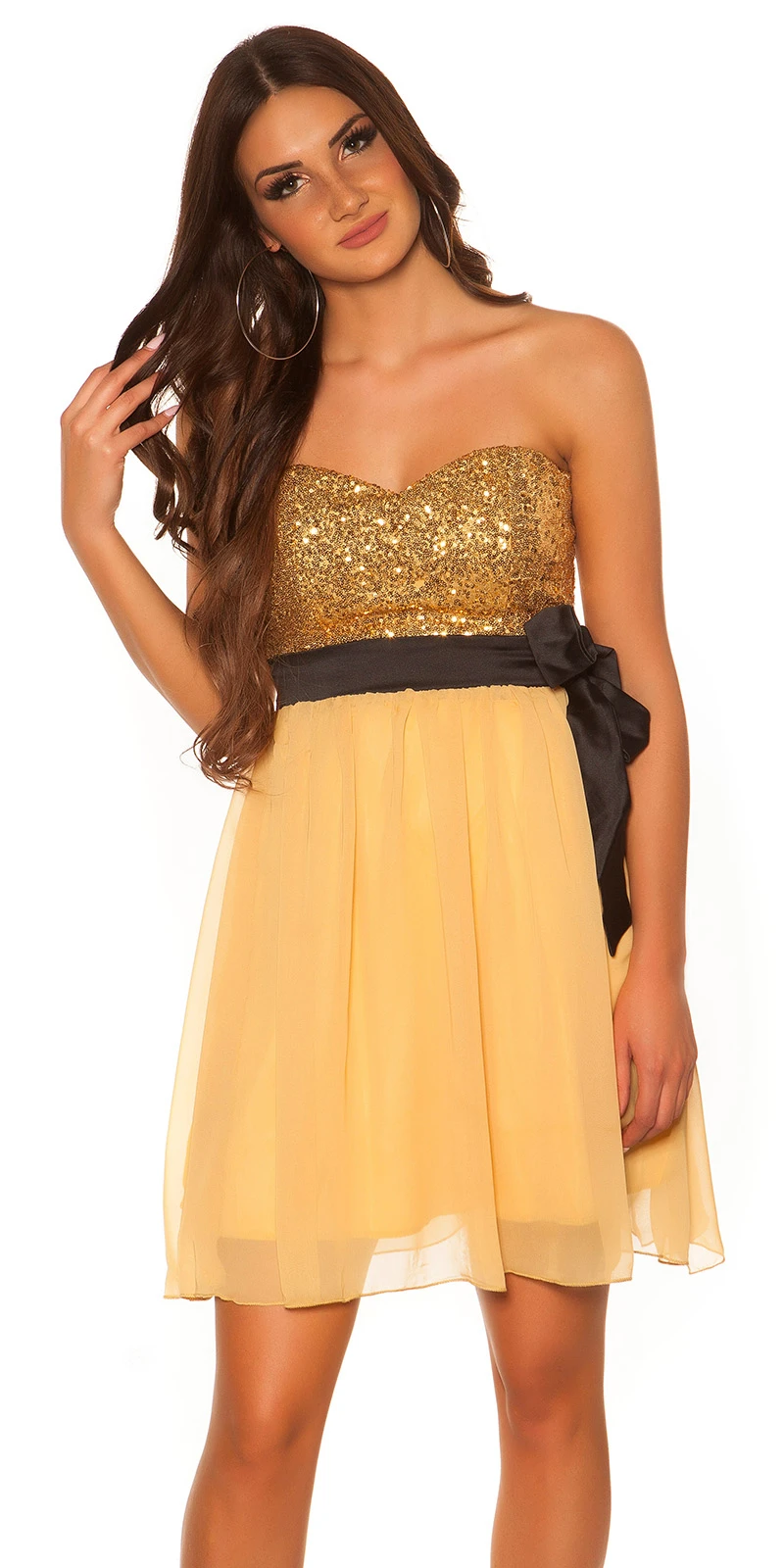 Bandeau Glitzer Pailletten Minikleid mit Deko Gürtel und Chiffon-Rock Bandeau Glitzer Pailletten Minikleid mit Deko Gürtel und Chiffon-Rock