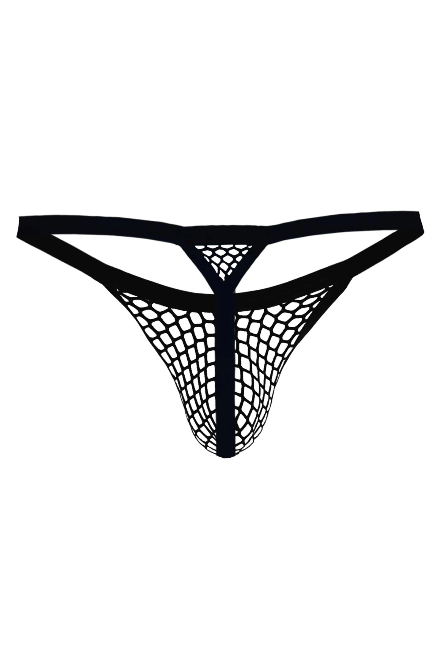 Schwarzer Netz String RAV123 aus dehnbarem Mesh mit geformtem Suspensorium, schmalem Bund und markantem Frontlogo für einen betont sexy Look