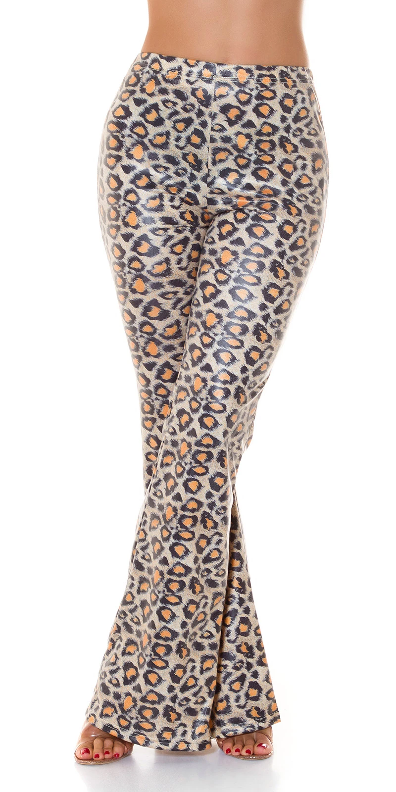 High Waist Animal Printed Wet Look Leggings mit Schlag High Waist Animal Printed Wet Look Leggings mit Schlag