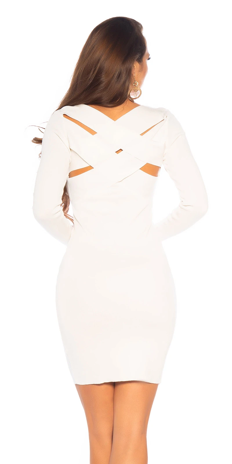Feinstrick V-Neck Langarm Minikleid mit schicker Rücken-Ansicht Feinstrick V-Neck Langarm Minikleid mit schicker Rücken-Ansicht