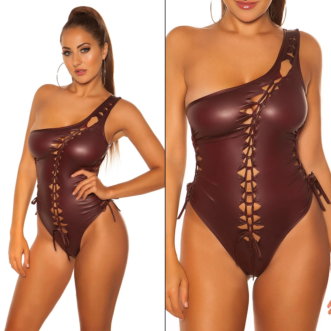 One Shoulder-Body im Wet-Look mit sexy Deko Schnürung One Shoulder-Body im Wet-Look mit sexy Deko Schnürung